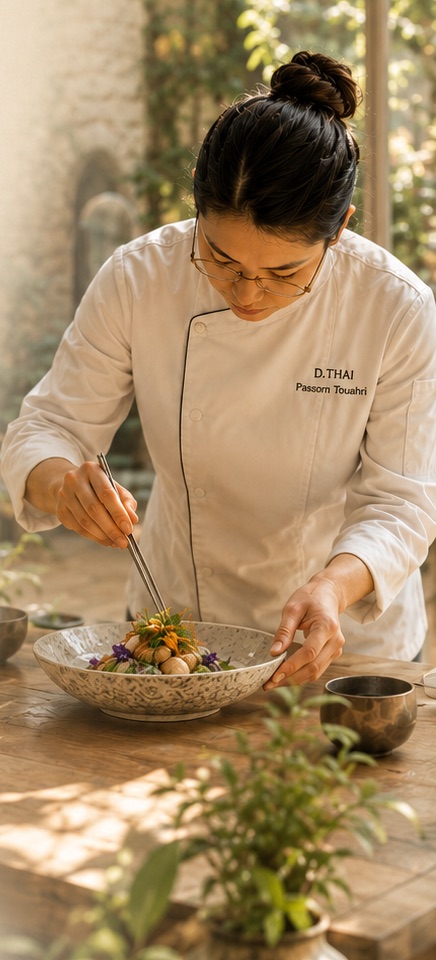 La cheffe Passorn « Noom » Touahri dressant une assiette